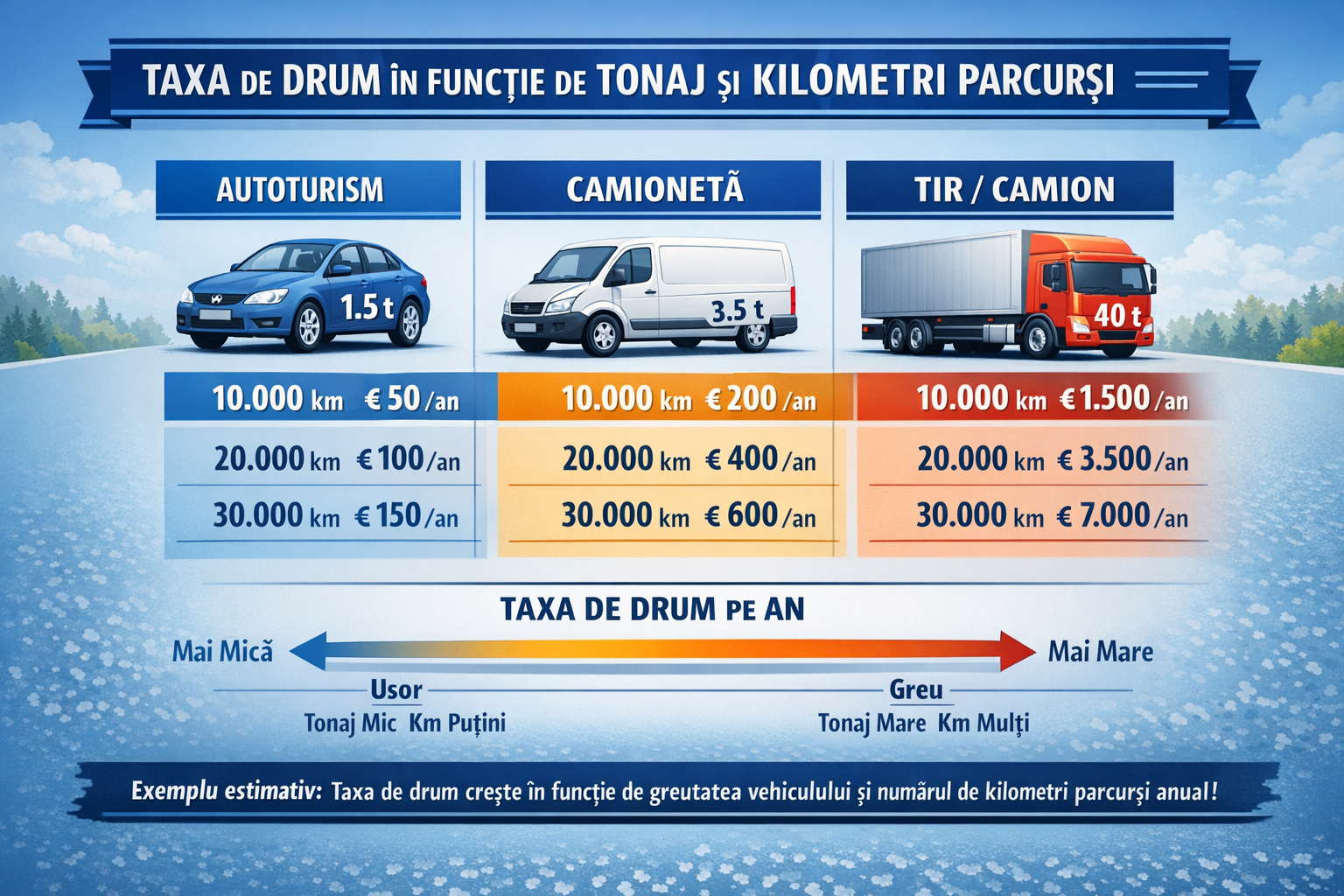 taxă de drum progresivă pentru fiecare autovehicul, bazată pe tonaj și kilometri parcurși anual